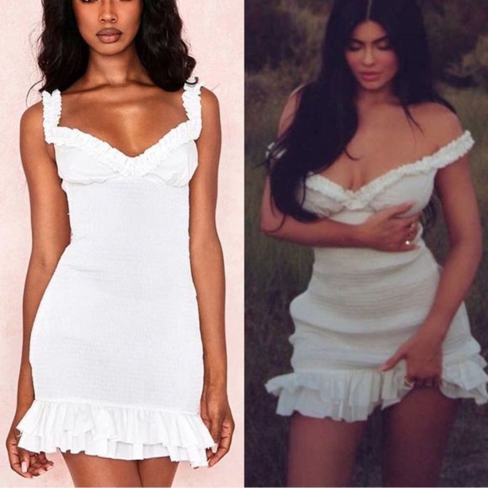 House of CB Evelyn White Shirred Ruffle Mini Dress